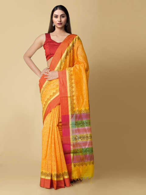 Unnati Silks Yellow Silk Cotton Printed Chanderi Saree