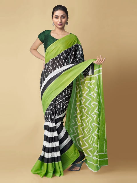 Unnati Silks Black Pure Cotton Printed Pochampally Saree