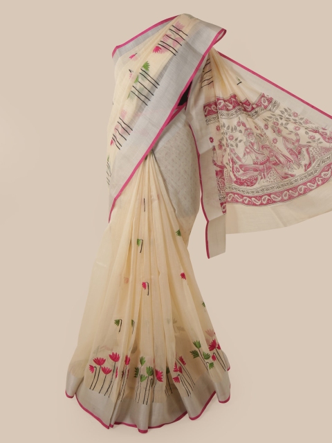 Pothys Cream-Coloured Cotton Blend Embellished Chanderi Saree