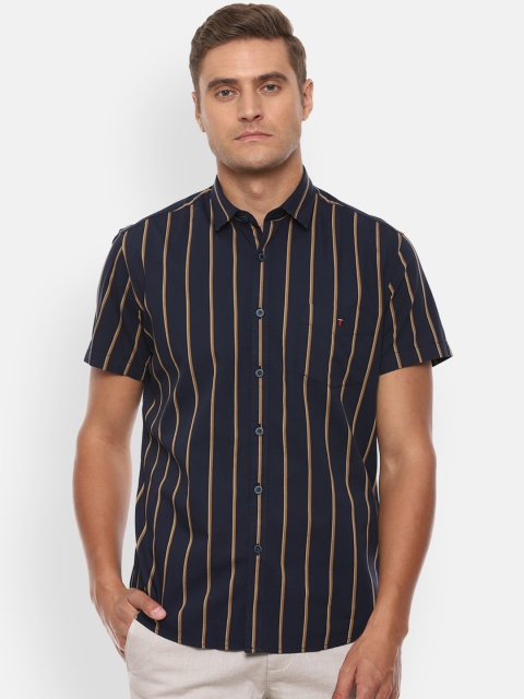 Louis Philippe Sport Men Navy Blue & Yellow Slim Fit Striped Casual Shirt