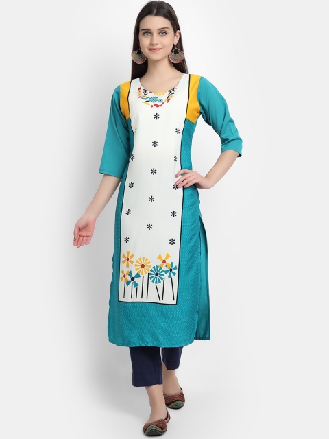 Ethnic basket Women Teal Blue & White Printed Crepe Kurta