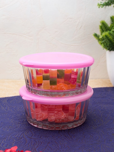 WISHTANK Set Of 2 Transparent & Pink Glass Storage Boxes With Lids