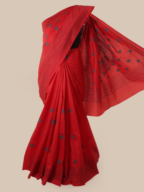 Pothys Red Art Silk Embroidered Tussar Saree