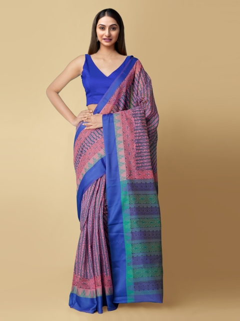 Unnati Silks Pink & Blue Silk Cotton Printed Chanderi Saree