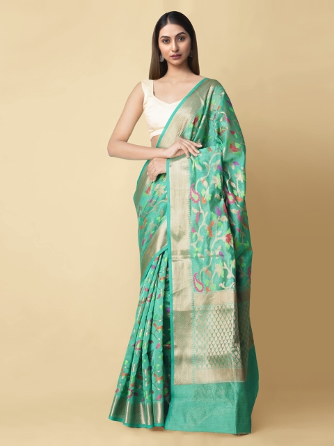 Unnati Silks Green Silk Cotton Woven Design Banarasi Saree