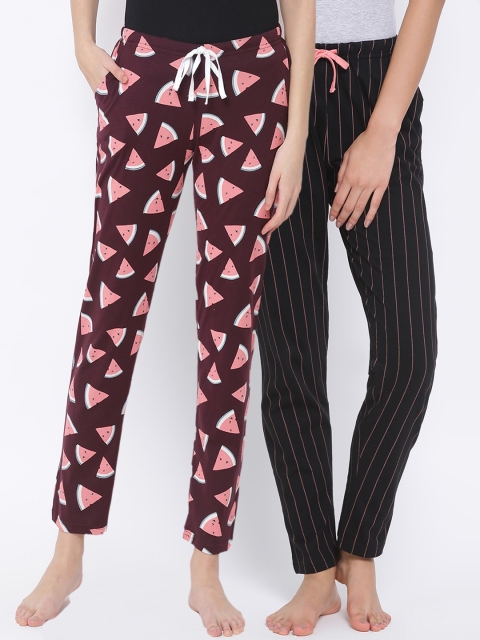 Kanvin Women Pack of 2 Pure Cotton Lounge Pants, Burgundy