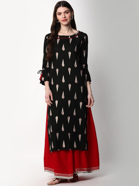 mokshi Women Black & Off White Ethnic Motifs Printed Straight Kurta & Skirt