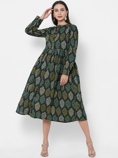 FASHOR Green Ethnic Motifs Midi Dress