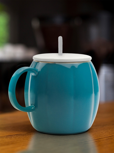 Bigsmall Teal Blue & White Solid Ceramic Pumpkin Shaped Mug