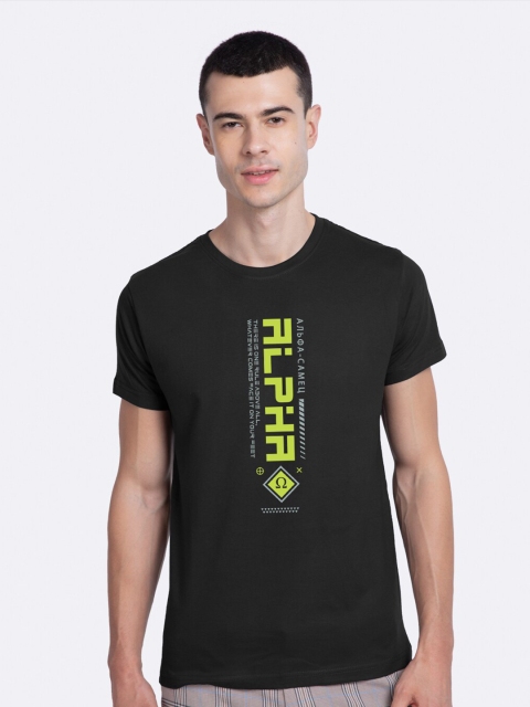 Bewakoof Men Black & Fluorescent Green Printed Round Neck T-shirt