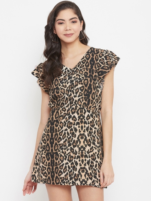 SECRETS BY ZEROKAATA Brown & Beige Animal Print A-Line Mini Dress