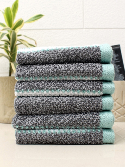 AVI Living Pack Of 6 Grey & Sea-Green Striped 550GSM Cotton Hand Towels