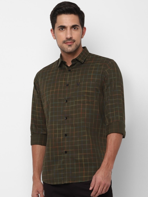 Allen Solly Men Olive Green & Blue Slim Fit Checked Cotton Casual Shirt