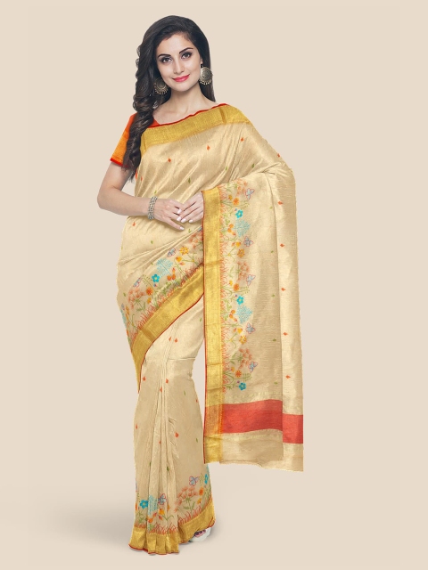Kalamandir Cream-Coloured & Orange Silk Cotton Woven Design Saree