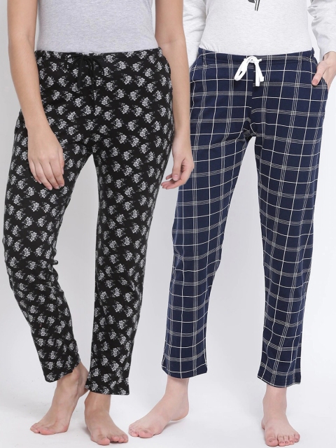 Kanvin Women Pack of 2 Printed Pure Cotton Lounge Pants, Navy blue