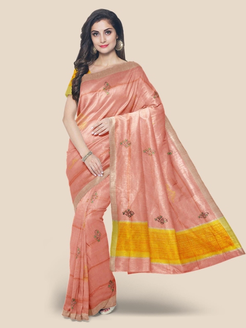 Kalamandir Peach-Coloured Linen Blend Woven Design Venkatgiri Saree