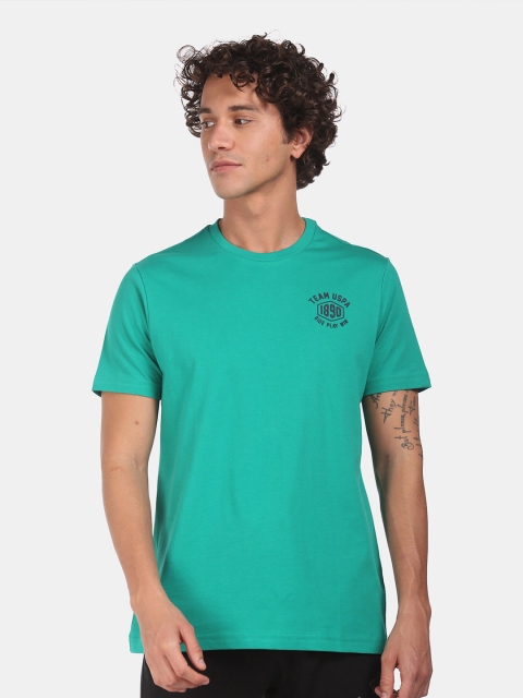 U.S. Polo Assn. Men Sea Green Solid Pure Cotton T-shirt
