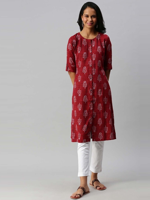 Soch Women Red & Grey Printed Straight Kurta