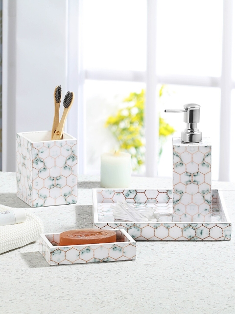 WOODSMYTHS Set Of 4 White & Gold-Toned Honeycomb Decal Printed Bathroom Set