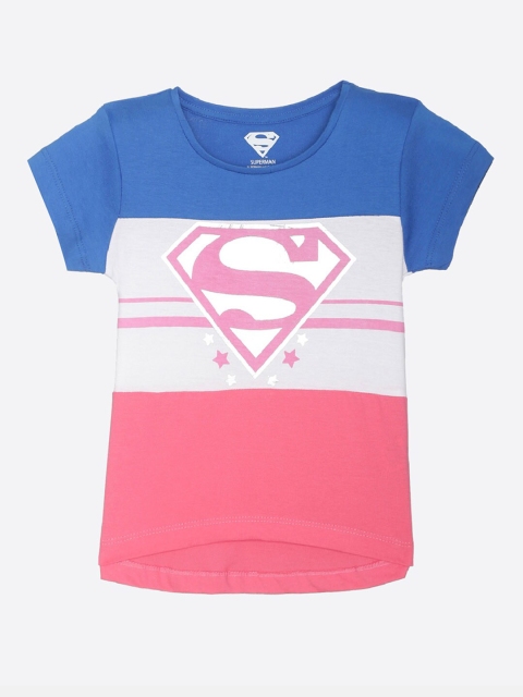 Kids Ville Supergirl Featured Girls Pink & Blue Printed T-shirt