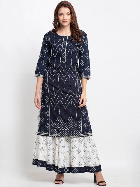ANAISA Women Navy Blue & White Bandhani Printed Gotta Work Regular Straight Kurta & Skirt
ANAISA Women Navy Blue & White Bandhani Printed Gotta Work Regular Straight Kurta & Skirt