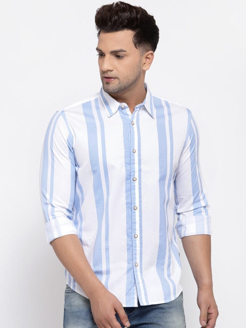 Pepe Jeans Men Blue & White Striped Pure Cotton Regular Fit Casual Shirt