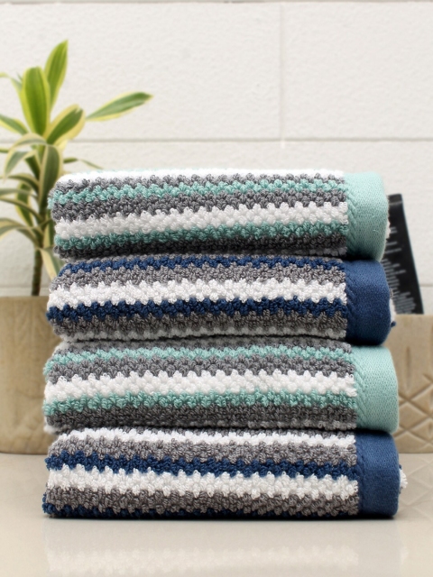 AVI Living Set Of 4 Cotton Striped 550 GSM Hand Towels, Sea green