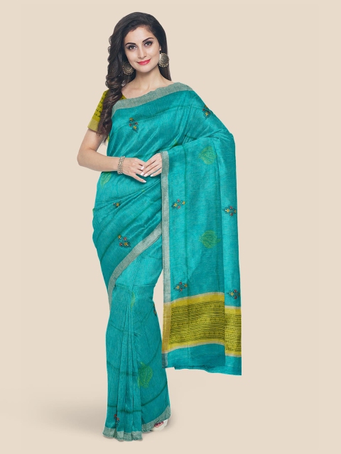 Kalamandir Green Linen Blend Embroidered Venkatgiri Saree