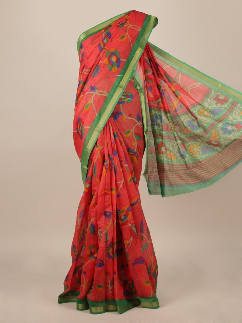 Pothys Red & Green Jute Silk Floral Printed Saree