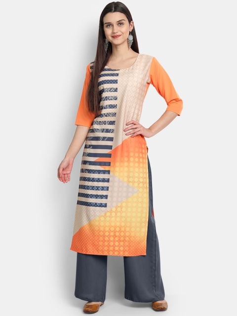 Ethnic basket Women Beige & Orange Printed Crepe Kurta