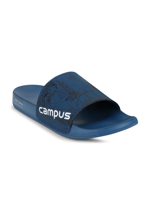 Campus Men Blue & Black Printed Sliders