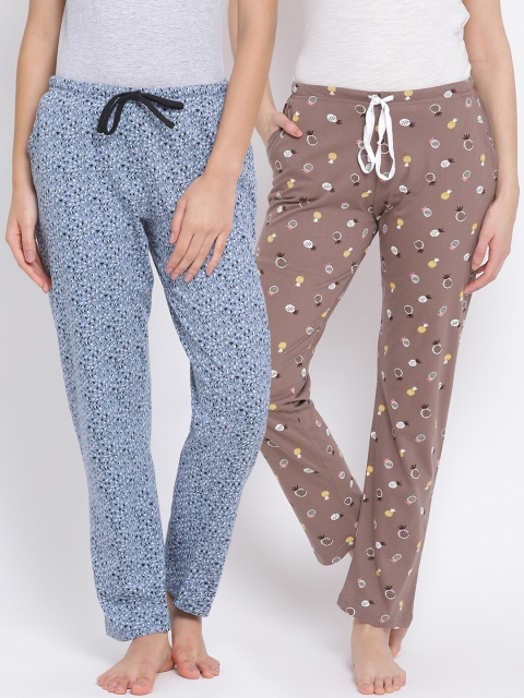 Kanvin Women Pack of 2 Printed Pure Cotton Lounge Pants, Brown