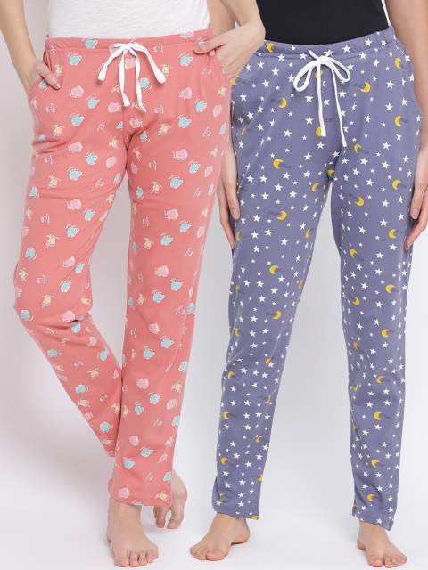 Kanvin Women Pack Of 2 Printed Pure Cotton Lounge Pants, Orange