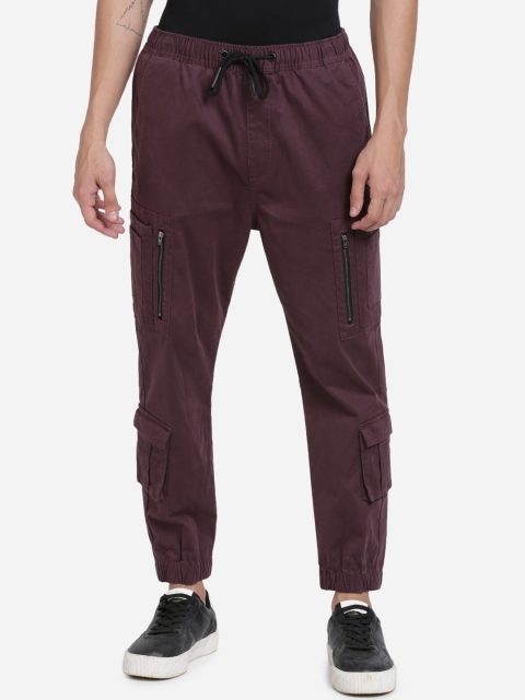 Breakbounce Men Burgundy Slim Fit Solid Cargo Joggers