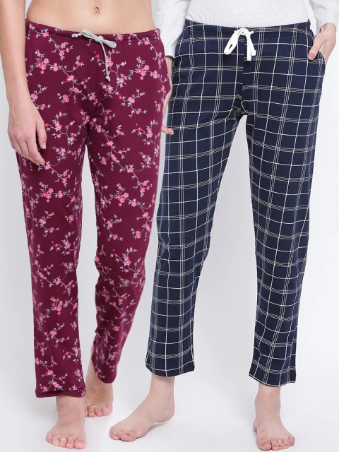 Kanvin Women Pack of 2 Printed Pure Cotton Lounge Pants, Navy blue