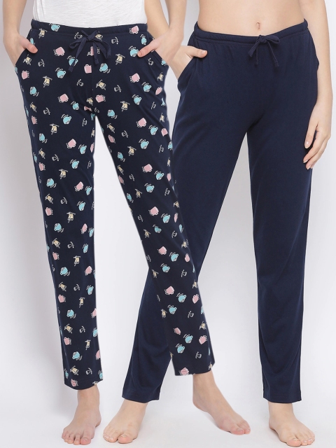 Kanvin Women Pack Of 2 Printed Pure Cotton Lounge Pants, Navy blue