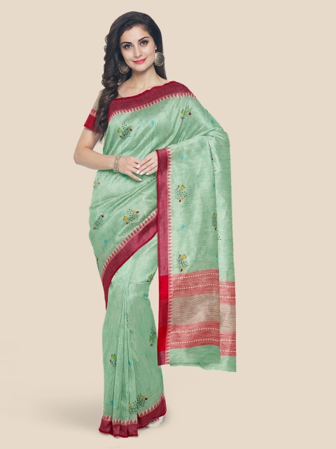 Kalamandir Green & Maroon Linen Blend Woven Design Venkatgiri Saree
