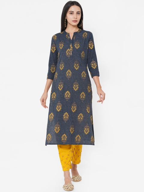 FASHOR Women Grey & Yellow Ethnic Motifs Printed Kurta