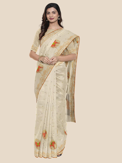 Kalamandir Cream-Coloured Embroidered Silk Cotton Saree
Kalamandir Cream-Coloured Embroidered Silk Cotton Saree