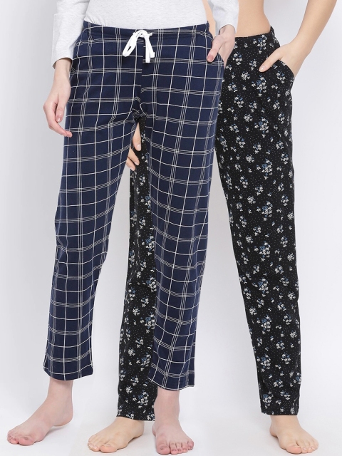 Kanvin Women Pack Of 2 Printed Pure Cotton Lounge Pants, Navy blue