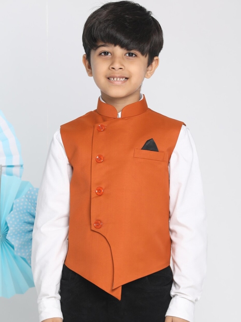VASTRAMAY Boys Orange Solid Satin Nehru Jacket