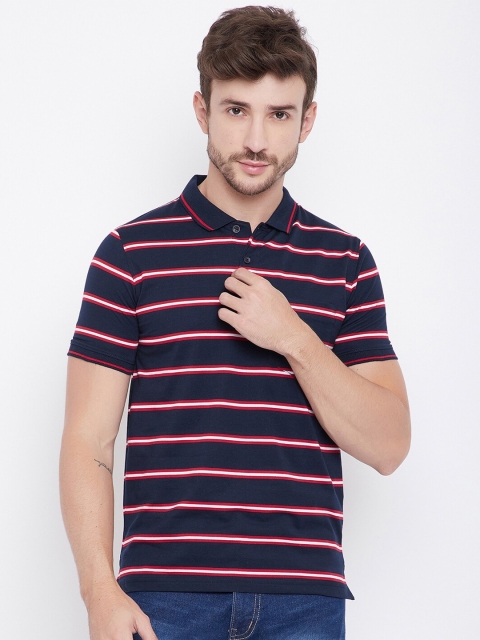 Okane Men Navy Blue & Red Striped Polo Collar T-shirt