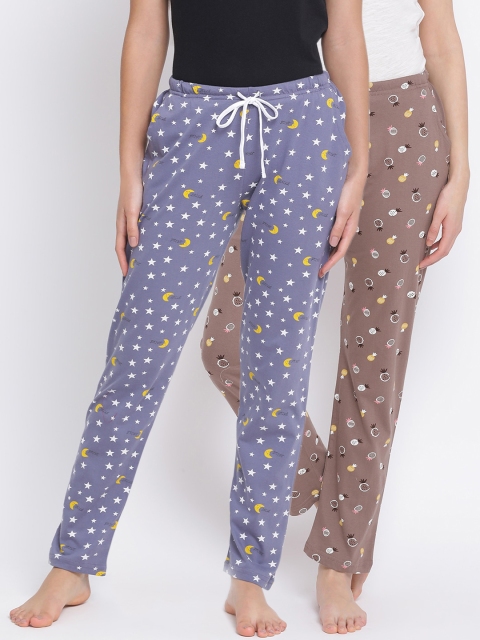 Kanvin Women Pack of 2 Printed Pure Cotton Lounge Pants, Brown