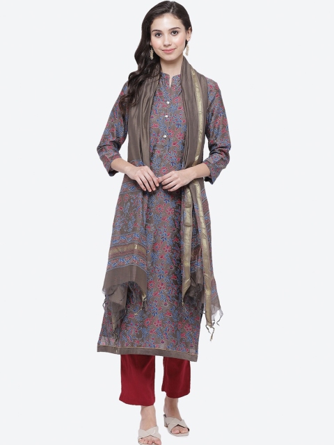 Biba Brown & Maroon Art Silk Unstitched Dress Material