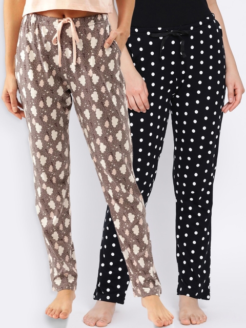 Kanvin Women Pack of 2 Printed Pure Cotton Lounge Pants, Black