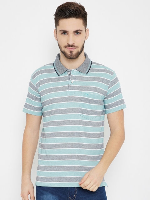 Duke Men Blue & Grey Melange Striped Cotton Polo Collar T-shirt