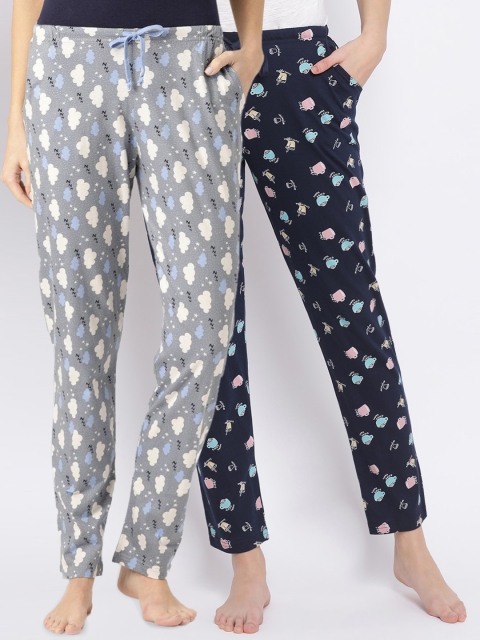 Kanvin Women Pack Of 2 Printed Pure Cotton Lounge Pants, Navy blue