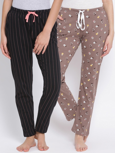 Kanvin Women Pack Of 2 Printed Pure Cotton Lounge Pants, Brown