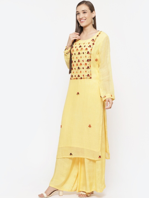 Biba Yellow & Gold-Toned Linen Unstitched Dress Material