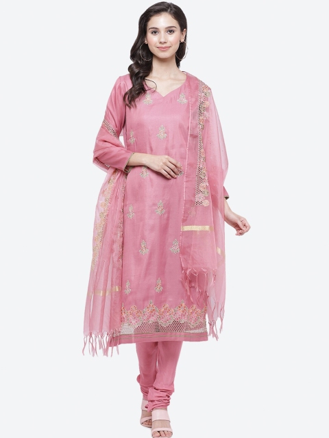 Biba Pink & White Art Silk Unstitched Dress Material
